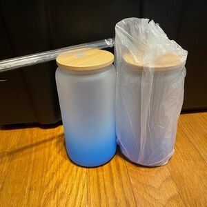 3 Sublimation GlassCups, Frosted 16oz Tumblerwith Bamboo Lids- Blue Ombre